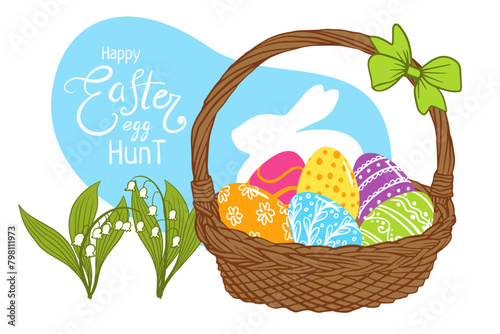 Happy Easter egg hunt greeting card template. colored egg basket with Lily of the Valley flower for greeting card, poster, invitation, banner, menu design. Hand drawn doodle illustration