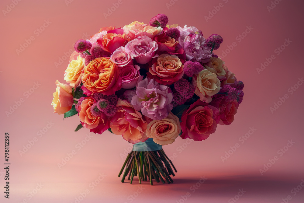 Fototapeta premium Elegant Bouquet of Mixed Flowers against a Soft Coral Background