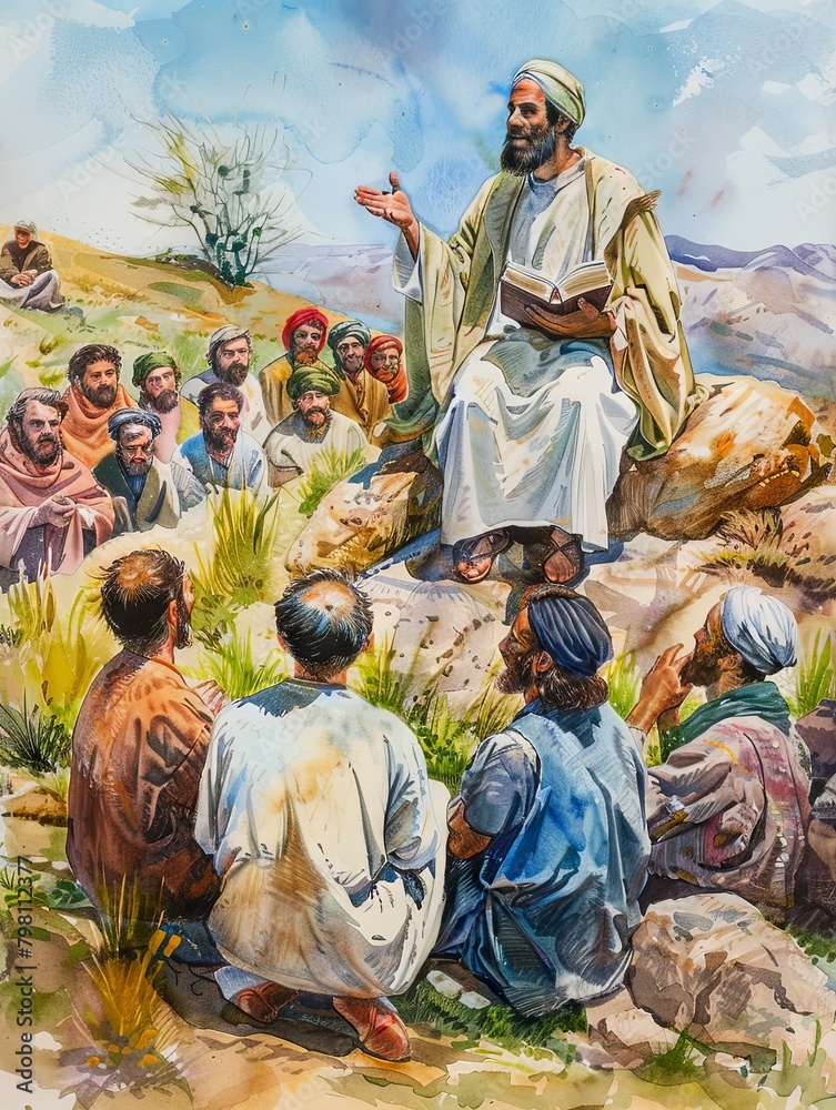 Spiritual Leader Delivering Sermon to Devoted Followers in Scenic Mountain Landscape