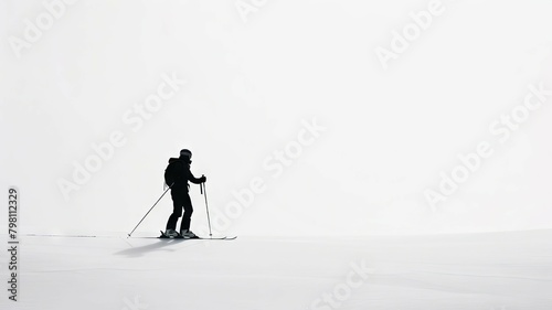 Solitary Skier in Serene Winter Wonderland Minimalist Silhouette on Pristine White Slope with Ample Copy Space