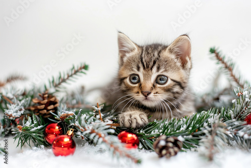 Striped kitten on Christmas festive white background, space for text