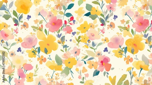 Delicate watercolor floral design pattern featuring a vibrant blend of yellow pink and green hues