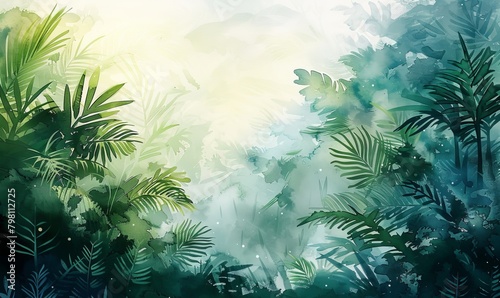 Lush jungle landscape in watercolor style  Generative AI