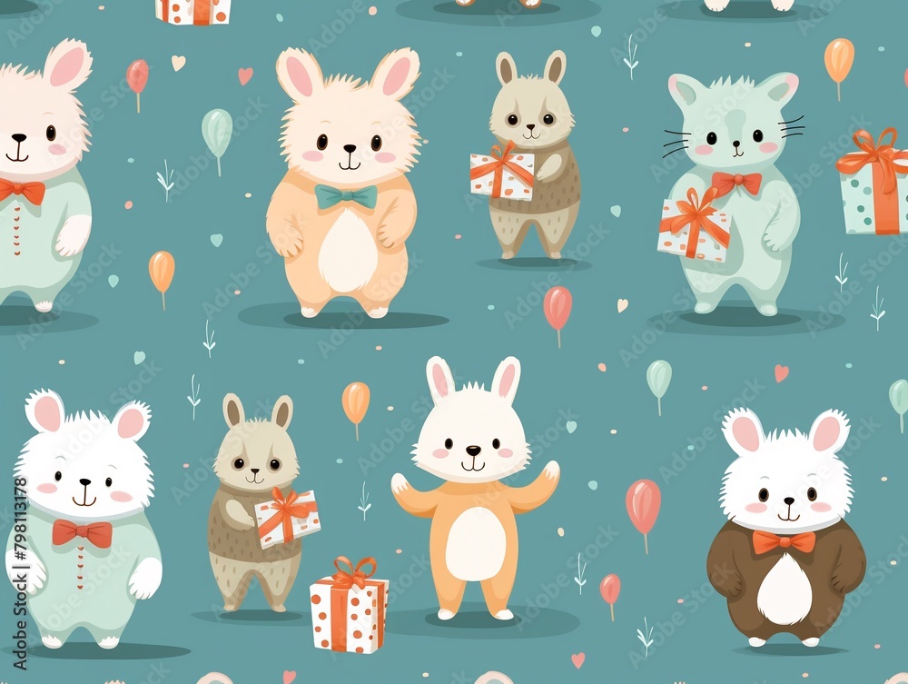 Seamless pattern of animals celebrating, each with a present, for kids  party decor ,  childlike drawing