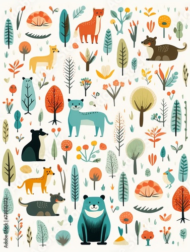 Seamless pattern of giftbearing animals, perfect for playful childrens apparel ,  flat graphic drawing photo