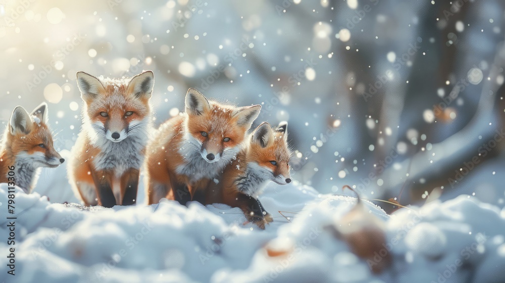 Adorable family of foxes frolicking in winter wonderland: playful scene of tiny creatures enjoying snowy delight
