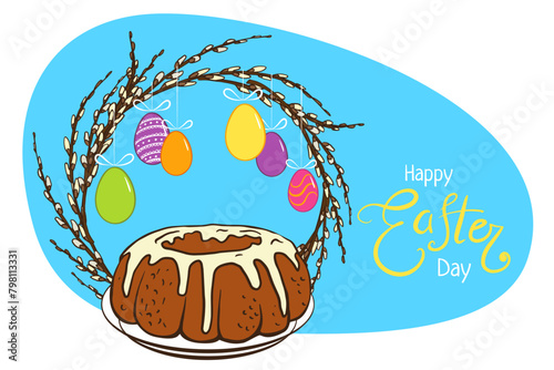 poster template for Easter day. Easter pannettone  cake for greeting card, poster, invitation, banner, menu design. willow wreath,  Eggs, easter sweet. Hand drawn  doodle illustration