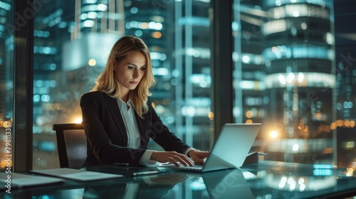 b'Businesswoman working late in her office using laptop computer'