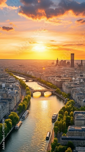 b'Paris cityscape with the Eiffel Tower at sunset'