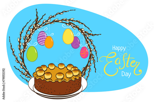 poster template for Easter day. Easter Simnel cake for greeting card, poster, invitation, banner, menu design. willow wreath,  Eggs, easter sweet. Hand drawn  doodle illustration