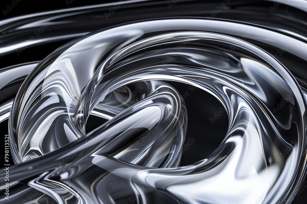 Abstract geometric black background with glass spiral tubes, flow clear fluid with dispersion and refraction effect, crystal composition of flexible twisted pipes, modern 3d wallpaper, design element Abstract geometric black background with glass spiral tubes, flow clear fluid with dispersion and refraction effect, crystal composition of flexible twisted pipes, modern 3d wallpaper, design element