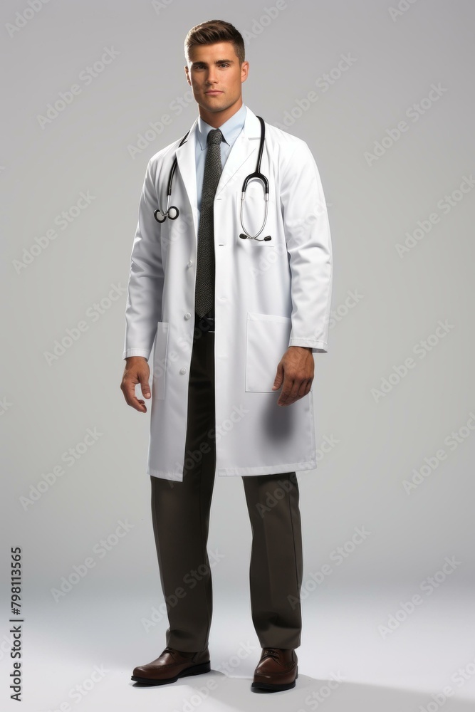 b'A male doctor in a white coat and stethoscope' b'A male doctor in a white coat and stethoscope'