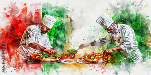Fototapeta Naklejka Na Ścianę i Meble -  Italian Flag with a Pizza Chef and an Opera Singer - Imagine the Italian flag with a pizza chef representing Italian cuisine and an opera singer