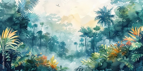 Painting of a jungle landscape. Watercolor pattern wallpaper  Generative AI