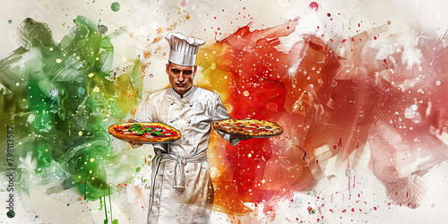 Fototapeta Naklejka Na Ścianę i Meble -  Italian Flag with a Pizza Chef and an Opera Singer - Imagine the Italian flag with a pizza chef representing Italian cuisine and an opera singer