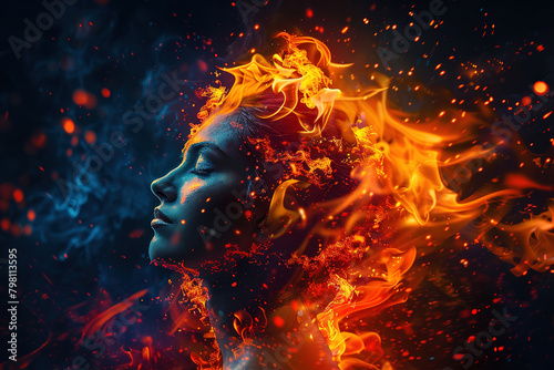 A beautiful woman made of orange and red fire