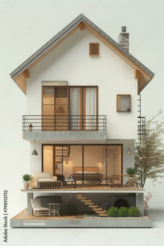 b'3D rendering of a two-story house with a modern design'