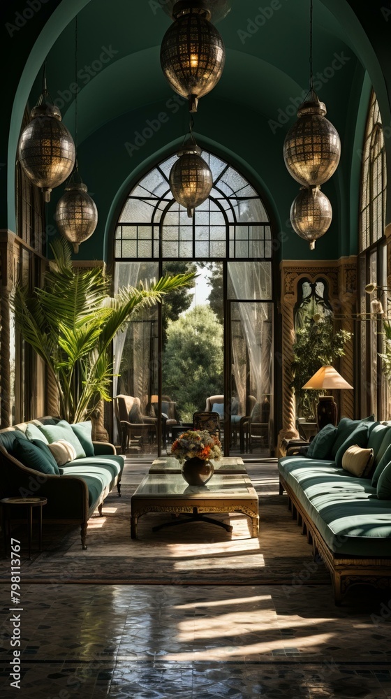 Obraz premium b'Elegant living room with green walls and arched windows'