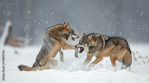 Wondrous gray wolves engaged in snowy combat  majestic wildlife encounter