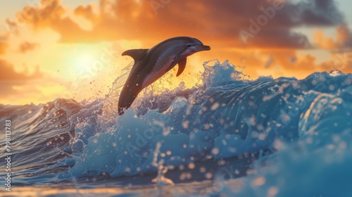 Dolphin silhouetted against vibrant sunset  leaping over crashing waves in the majestic pacific ocean of hawaii - captivating wildlife scene in natural habitat