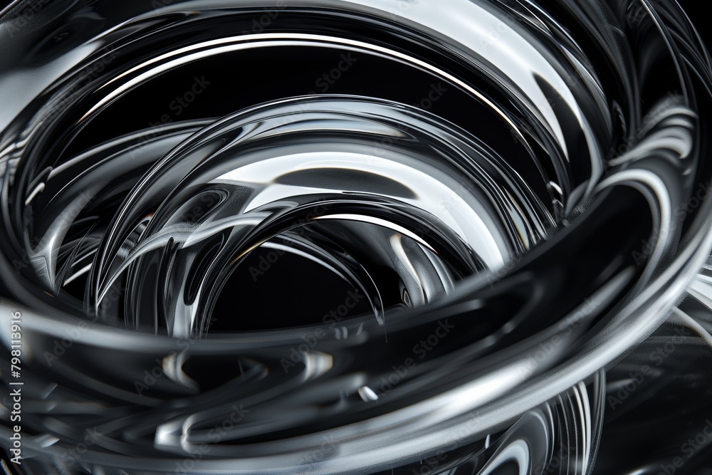 Abstract geometric black background with glass spiral tubes, flow clear fluid with dispersion and refraction effect, crystal composition of flexible twisted pipes, modern 3d wallpaper, design element Abstract geometric black background with glass spiral tubes, flow clear fluid with dispersion and refraction effect, crystal composition of flexible twisted pipes, modern 3d wallpaper, design element
