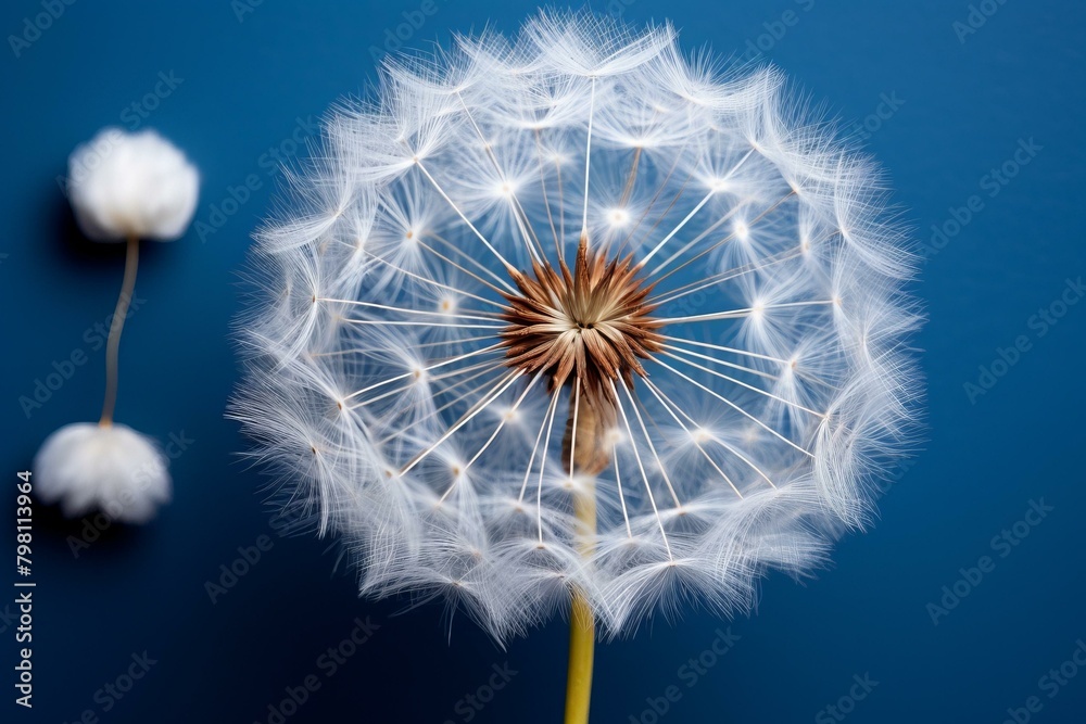 Fototapeta premium b'Dandelion seeds on a blue background'