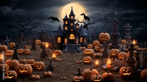 b'Haunted house with pumpkins and crows under the moonlight'