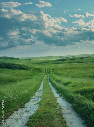 b Rural dirt road through a lush green prairie landscape 