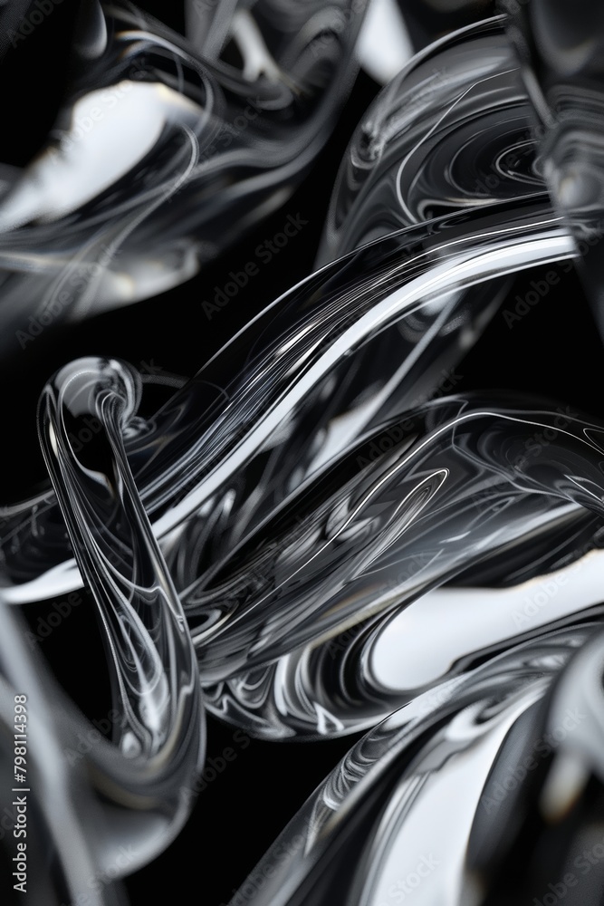 Abstract geometric black background with glass spiral tubes, flow clear fluid with dispersion and refraction effect, crystal composition of flexible twisted pipes, modern 3d wallpaper, design element