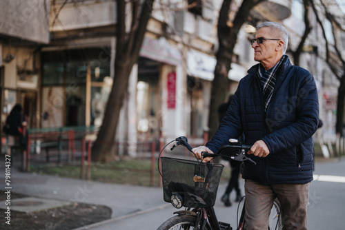 Fotografie A mature man with a bicycle stands on an urban sidewalk, reflecting a relaxed lifestyle and active aging in a city environment