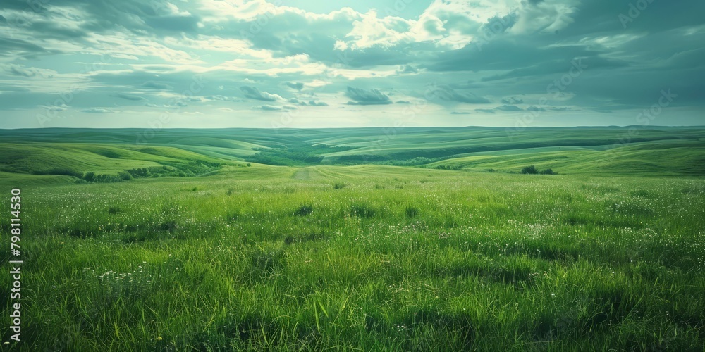 b'Green rolling hills under a blue sky with white clouds'