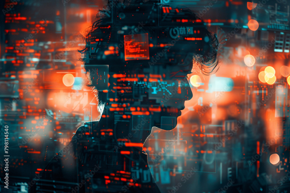 Hacker and cyber security concept, double-exposure photo of a young man and digital code Hacker and cyber security concept, double-exposure photo of a young man and digital code
