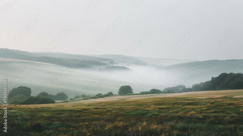 b'Misty green hills and a valley shrouded in fog'
