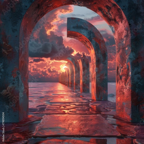 Futuristic landscape with a setting sun and a long corridor with arches