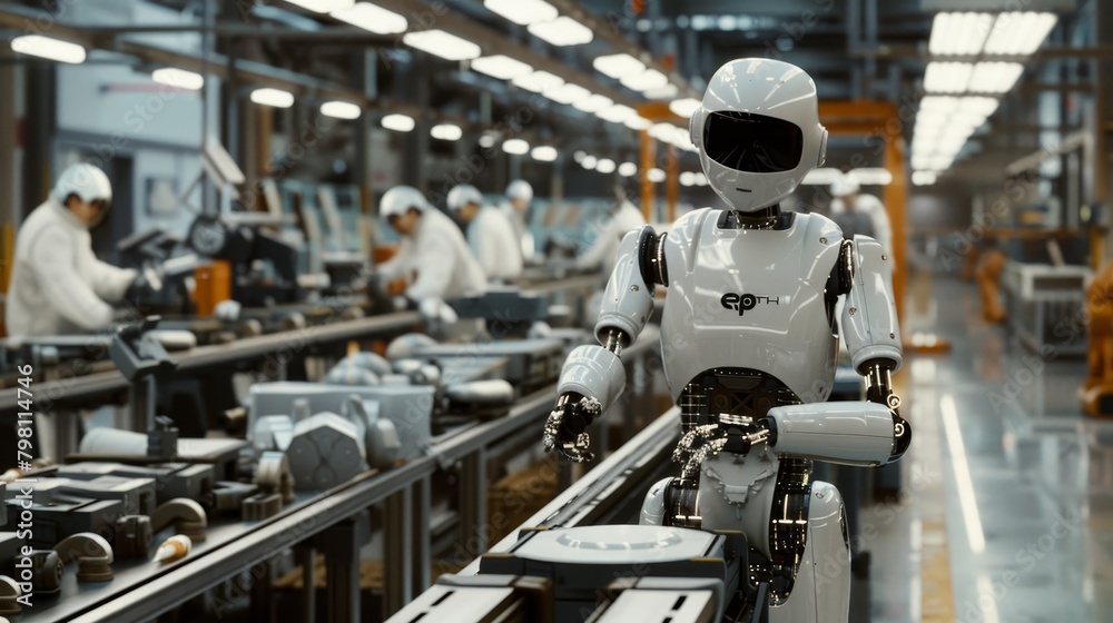 A humanoid robot working on an assembly line with human workers in the background, symbolizing collaboration between humans and AI technology
A humanoid robot working on an assembly line with human workers in the background, symbolizing collaboration between humans and AI technology