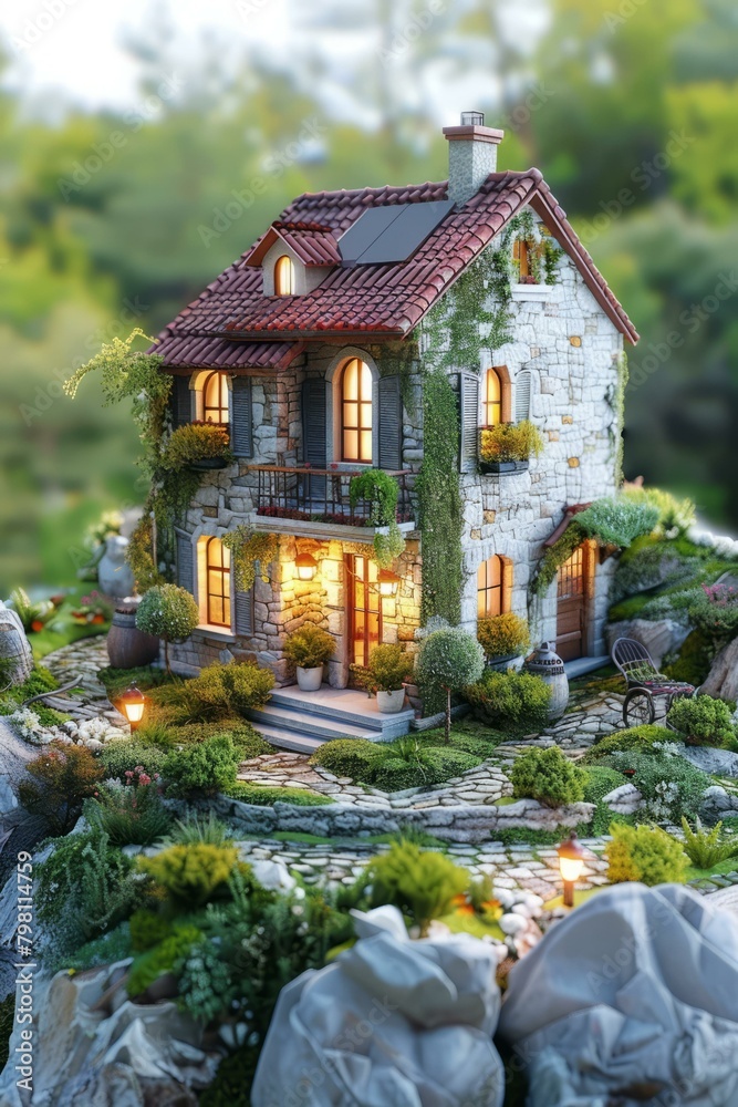 b'3D rendering of a beautiful stone cottage with a red roof'