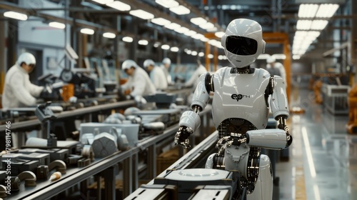 A humanoid robot working on an assembly line with human workers in the background, symbolizing collaboration between humans and AI technology	
