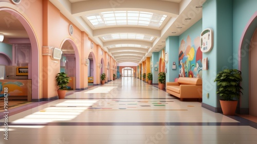 b An illustration of a colorful and bright hospital hallway 