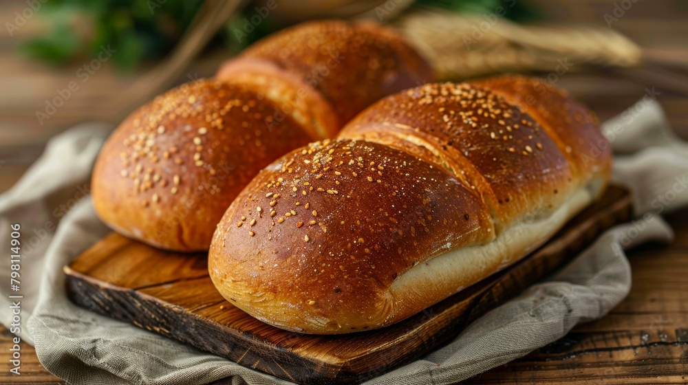 Loaf of bread with sesame seeds on a wooden board Loaf of bread with sesame seeds on a wooden board