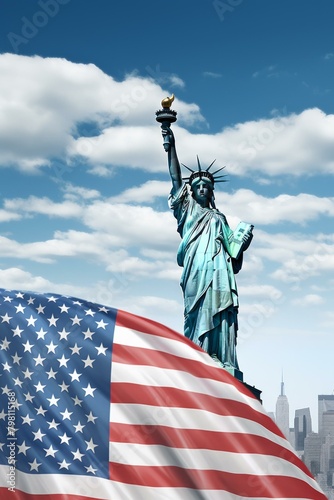 b'Statue of Liberty with American flag waving in the background'