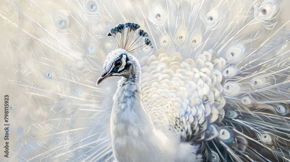 Fototapeta premium Stunning white peacock displays its majestic plumage in full splendor, a symbol of elegance and grace