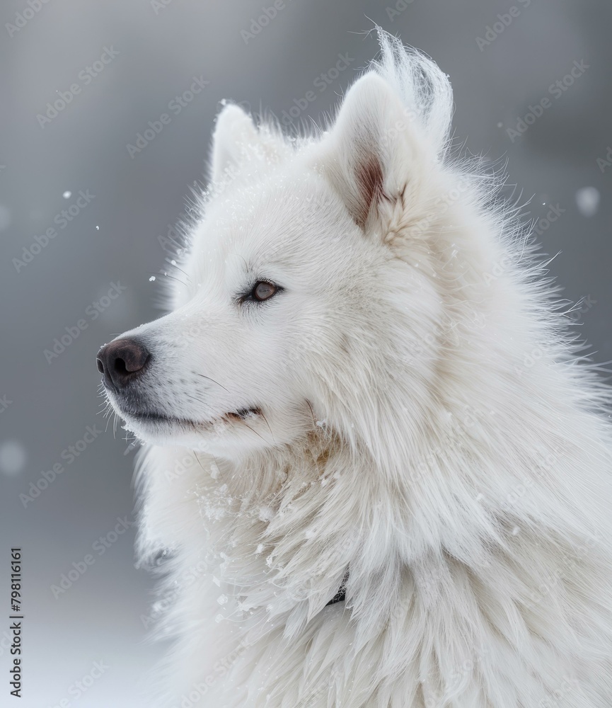 Fototapeta premium b'A white dog looking into the distance with snow falling'