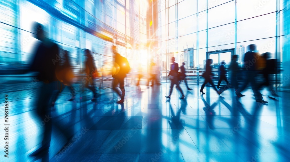 Blurred background of people walking in a modern building interior with sunlight, creating a motion blur effect