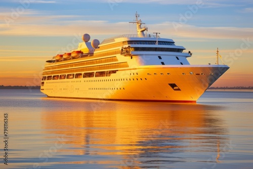b'A large white cruise ship sails on a calm sea at sunset'