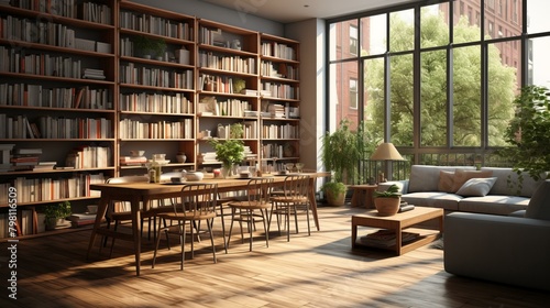 b'bookshelf living room interior design home library furniture wood table chair decoration cozy stylish modern'