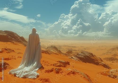 b'A figure in a white cloak stands on a desert planet'