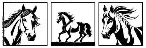 Horse . Black and white animal graphics. Logo design for use in graphics. Print for T-shirts  design for tattoos. Generated by Ai
