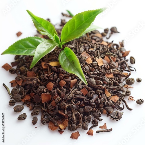 Green tea leaves and dry tea leaves with cinnamon photo