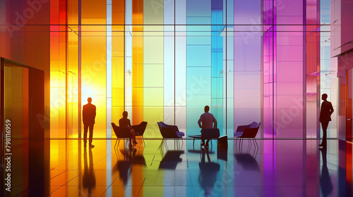 Business meeting in lobby of colorful modern office space