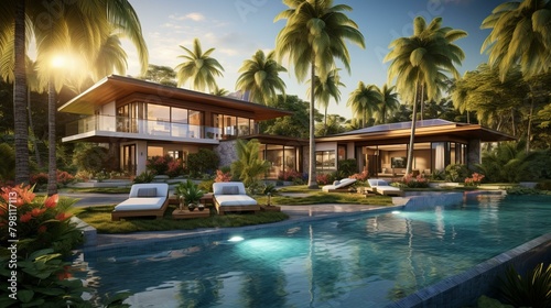 b Modern tropical villa with pool and palm trees 